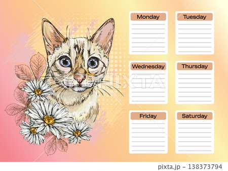 Snow bengal cat with daisy flowers printable planner and school schedule vector Snow bengal cat with daisy flowers printable planner and school schedule vector 138373794