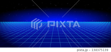 Blue glow neon wireframe background. Dark shining checkered grid floor plane in perspective. Bright retro futuristic horizon wallpaper. Arcade game sci fi matrix landscape surface. Vector backdrop 138375139