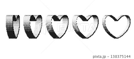Bitmap halftone heart set. Pixelated heart-shaped design elements for banner, poster, leaflet, sticker, collage. Dither 3d rasterized outline hearts collection. Vector Y2K 8 bit figures in perspective 138375144
