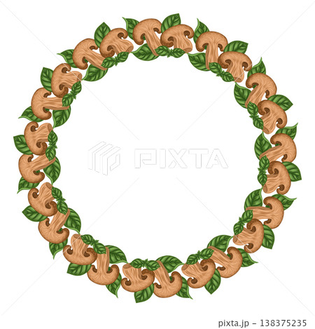 Champignon mushroom circle frame vector food illustration. Hand drawn cartoon wreath with fungi slice and basil leaves. Organic ingredient for restaurant menu design. Perfect for product packaging. 138375235