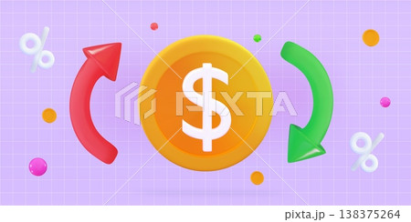 3d low price Dollar coin with arrow down and up Financial loss or growth, increase or low of revenue 138375264