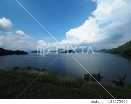 Lake mountain cloud sky nature landscape serene lake mountain view blue sky and fluffy cloud with calm water and green hill 138375405