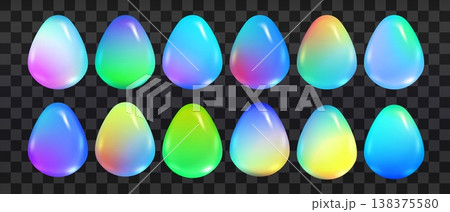 3d Easter egg gradient set Holographic solid oval cartoon shapes Happy Easter multicolored eggs Spring holidays Vector realistic isolated illustration on transparent, greeting card design elements 3d Easter egg gradient set Holographic solid oval cartoon shapes Happy Easter multicolored eggs Spring holidays Vector realistic isolated illustration on transparent, greeting card design elements 138375580