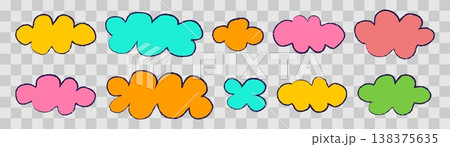 Fluffy label shape Colorful cloud shaped and crayon frame Speech label for border design isolated and sticker think Vector illustration set 138375635