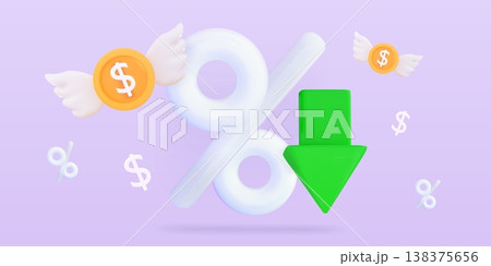 3d low price Percent sign with arrow down Financial loss or growth, increase or low of revenue Price increase and decrease 138375656