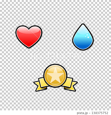 ゲームUI用アイコンセット ハート・水滴・バッジのシンプルイラスト素材 ゲームUI用アイコンセット ハート・水滴・バッジのシンプルイラスト素材 138375752