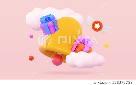3D bell and gift box Notification of sales Discounts for online shopping Promo codes Gift certificates Holiday sale concept 138375758