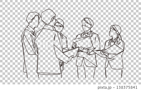 スタンディングミーティングをする数人のビジネスパーソンの線画イラスト 138375841