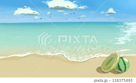 スイカビーチボールが置かれた、ギラギラと眩しい真夏のビーチの手描き風景 138375893