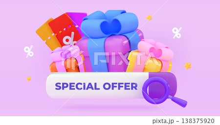 3d special offer Large gift box with discount coupons Discounts for online shopping Promo codes Gift certificates Holiday sale concept 3d special offer Large gift box with discount coupons Discounts for online shopping Promo codes Gift certificates Holiday sale concept 138375920