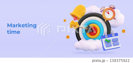 3d Dart arrow hit the center of target Marketing time concept Business finance target Goal of success Calendar, clock and bell notification 138375922
