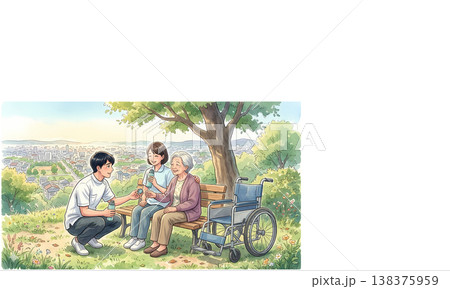 介護する家族と高齢女性 公園で休憩するシニアと介護士 在宅介護・福祉イメージ 138375959