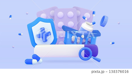 Searching medicaments in internet with search tab Ordering medicines online concept Medical symbol of emergency help 138376016