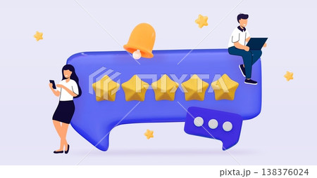 3D feedback Tiny people giving five star Customer review concept Speech bubble rating five stars Best excellent services 138376024