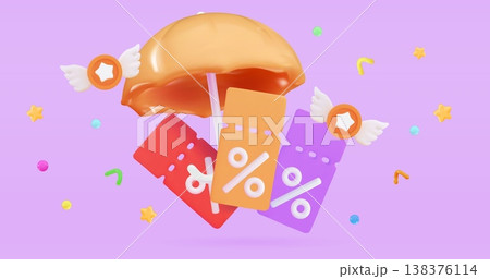 3d coupons under umbrella icon Three vouchers surrounded by discount coupons Christmas and exclusive benefits concept 138376114