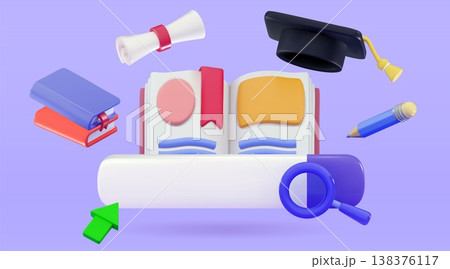 3D open book with a search bar, a graduate hat, pencil, and diploma Study or Search for book or literature concept 138376117