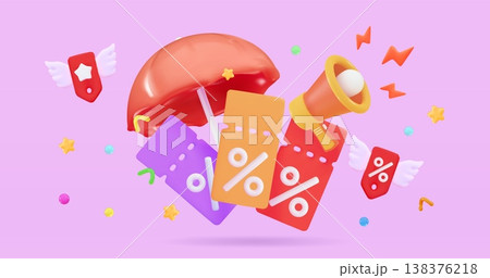 3d megaphone, coupon and umbrella icon Bonus with ticket Winner concept Christmas and exclusive benefits concept 3d megaphone, coupon and umbrella icon Bonus with ticket Winner concept Christmas and exclusive benefits concept 138376218