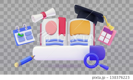 3D open book with a search bar with magnifying glass, graduate hat, calculator, calendar and diploma Study or Search for book or literature concept 3D open book with a search bar with magnifying glass, graduate hat, calculator, calendar and diploma Study or Search for book or literature concept 138376223