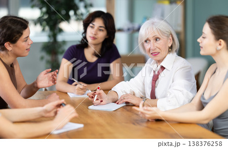 Female participate sit at circle, chatting, talking 138376258