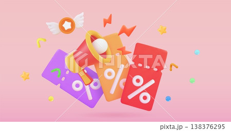 3d megaphone, gift and coupon icon Purple gift surrounded by discount coupons Christmas and exclusive benefits concept 3d megaphone, gift and coupon icon Purple gift surrounded by discount coupons Christmas and exclusive benefits concept 138376295