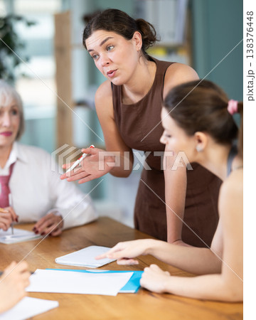 Female participate sit at circle, chatting, talking 138376448