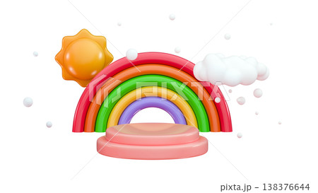 Children 3d background, rainbow, podium and white bubbles clouds Marketing, advertising poster Minimal three-dimensional 3D render illustration Children 3d background, rainbow, podium and white bubbles clouds Marketing, advertising poster Minimal three-dimensional 3D render illustration 138376644