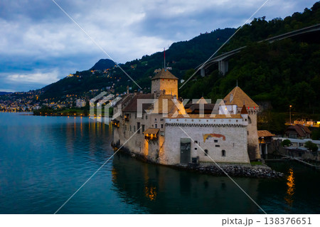 Chillon Castle on Lake Geneva at summer dusk, Switzerland 138376651