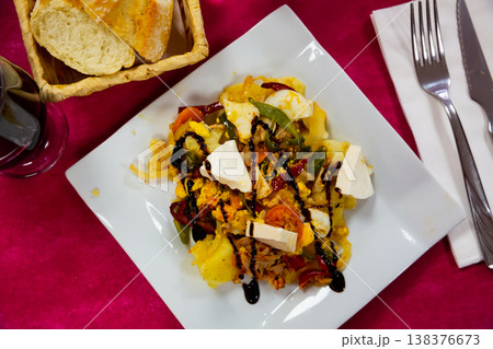 Image of fresh salad potatoes, fresh cheese and vegetables 138376673