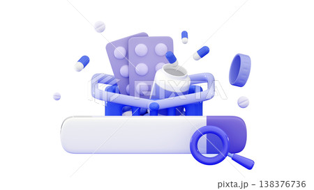 3D Medicine Research Search bar and shopping basket Minimal three-dimensional 3D render illustration 3D Medicine Research Search bar and shopping basket Minimal three-dimensional 3D render illustration 138376736