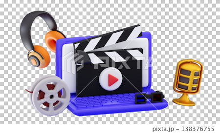 3d Online cinema movie concept or podcast Computer, microphone, headphones, popcorn, firecracker 3d Online cinema movie concept or podcast Computer, microphone, headphones, popcorn, firecracker 138376755