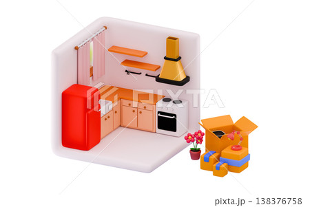 View of kitchen appliances delivery or moving Packed moving boxes Minimal three-dimensional 3D render illustration View of kitchen appliances delivery or moving Packed moving boxes Minimal three-dimensional 3D render illustration 138376758