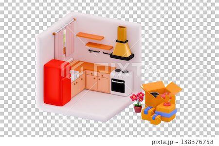 View of kitchen appliances delivery or moving Packed moving boxes Minimal three-dimensional 3D render illustration View of kitchen appliances delivery or moving Packed moving boxes Minimal three-dimensional 3D render illustration 138376758