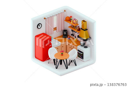 Modern kitchen with dining table Kitchen interior with island and chairs, furniture, stove, refrigerator 138376763