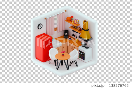 Modern kitchen with dining table Kitchen interior with island and chairs, furniture, stove, refrigerator 138376763