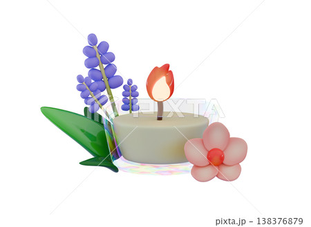 Scented candle decoration Burning candle and branches of lavender Hygge and aromatherapy concept Scented candle decoration Burning candle and branches of lavender Hygge and aromatherapy concept 138376879
