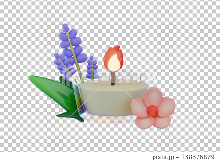 Scented candle decoration Burning candle and branches of lavender Hygge and aromatherapy concept Scented candle decoration Burning candle and branches of lavender Hygge and aromatherapy concept 138376879
