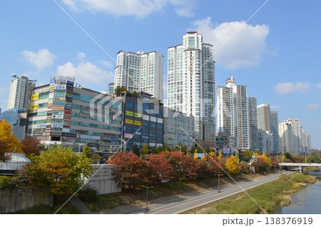 韓国　京義道城南市街の紅葉と高層ビルのある風景 138376919