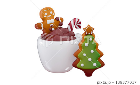 3d gingerbread man, mug of hot chocolate, candy and cookies Merry Christmas and Happy New Year 138377017