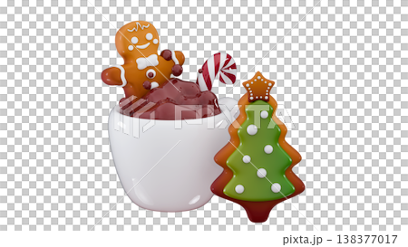 3d gingerbread man, mug of hot chocolate, candy and cookies Merry Christmas and Happy New Year 138377017