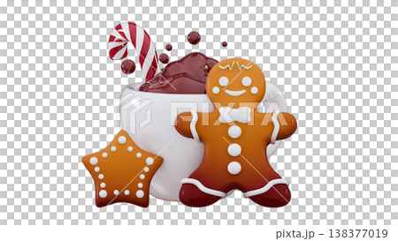 3d gingerbread man, mug of hot chocolate, candy and cookies Merry Christmas and Happy New Year Holiday Xmas 3d gingerbread man, mug of hot chocolate, candy and cookies Merry Christmas and Happy New Year Holiday Xmas 138377019