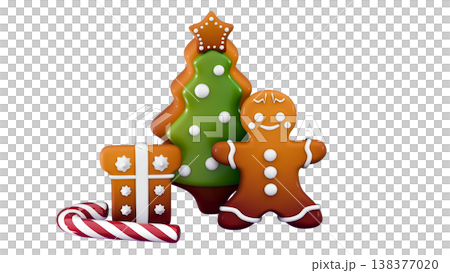 3d gingerbread man, gingerbread tree, gift and candy Merry Christmas and Happy New Year Holiday Xmas 3d gingerbread man, gingerbread tree, gift and candy Merry Christmas and Happy New Year Holiday Xmas 138377020