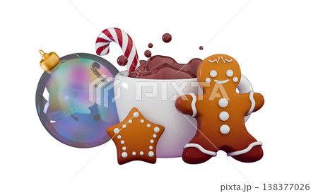 3d gingerbread man, mug of hot chocolate, cookies and festive glass transparent ball Merry Christmas and Happy New Year Holiday Xmas 3d gingerbread man, mug of hot chocolate, cookies and festive glass transparent ball Merry Christmas and Happy New Year Holiday Xmas 138377026