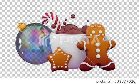 3d gingerbread man, mug of hot chocolate, cookies and festive glass transparent ball Merry Christmas and Happy New Year Holiday Xmas 3d gingerbread man, mug of hot chocolate, cookies and festive glass transparent ball Merry Christmas and Happy New Year Holiday Xmas 138377026