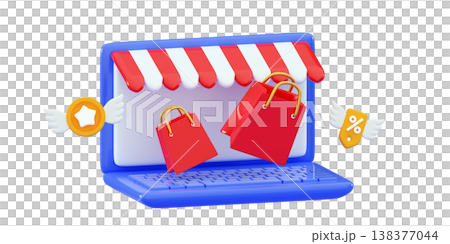 3d Online shopping on website Shopping bags in web store on laptop screen Digital marketing concept 138377044