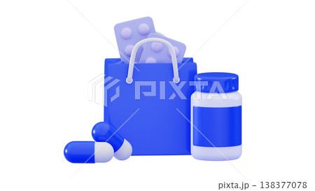 3d shopping bag and jars for pills, capsules, vitamins Order medicines online concept 138377078