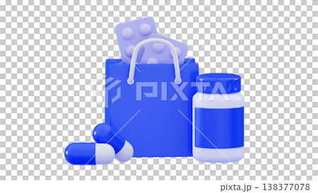 3d shopping bag and jars for pills, capsules, vitamins Order medicines online concept 138377078