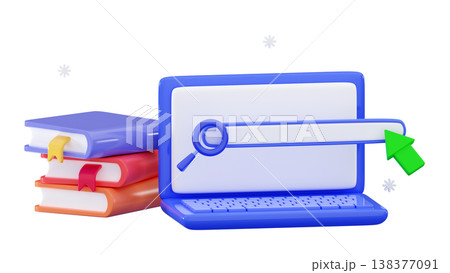 3d online book search Laptop with stack books Education concept Online learning 138377091