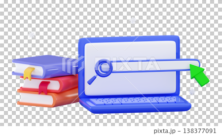 3d online book search Laptop with stack books Education concept Online learning 138377091