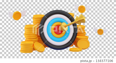 3d hitting dart target and flying coins with wings Trading Business start-up concept 138377106