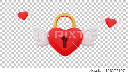 3d heart lock with wings flying Valentine's Day illustration Red hearts 3d heart lock with wings flying Valentine's Day illustration Red hearts 138377107